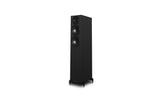 Black floor-standing speaker on a white background