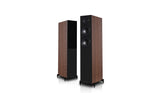 Pair of wooden floor-standing speakers on a white background