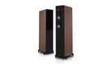 Pair of wooden floor-standing speakers on a white background