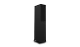 Black floor-standing speaker on a white background