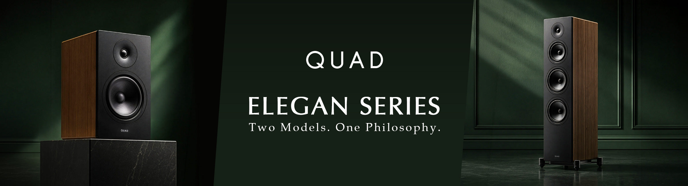 Quad Elegan Series loudspeakers - the Elegan 1 bookshelf and Elegan 2 floorstanding models, with braced cabinets and Quad's characteristically even, low-colouration voicing.