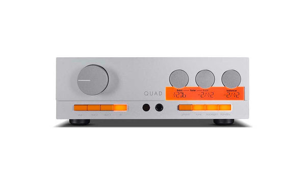 A silver Quad 33 preamplifier with orange and gray control panels, branding visible.