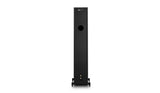 Black floor-standing speaker on a white background