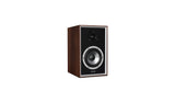 Speaker with wooden finish and visible brand logo on a white background