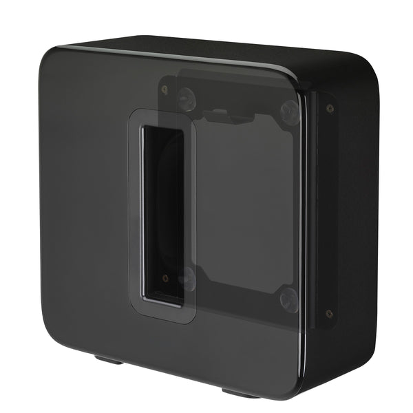 Premium, elegant, and unique Sonos Sub wall mount from Mountson Australia. Enjoy the highest quality material, fit & finish with flat-rate shipping Australia Wide. Right side view with Sonos Subwoofer. 