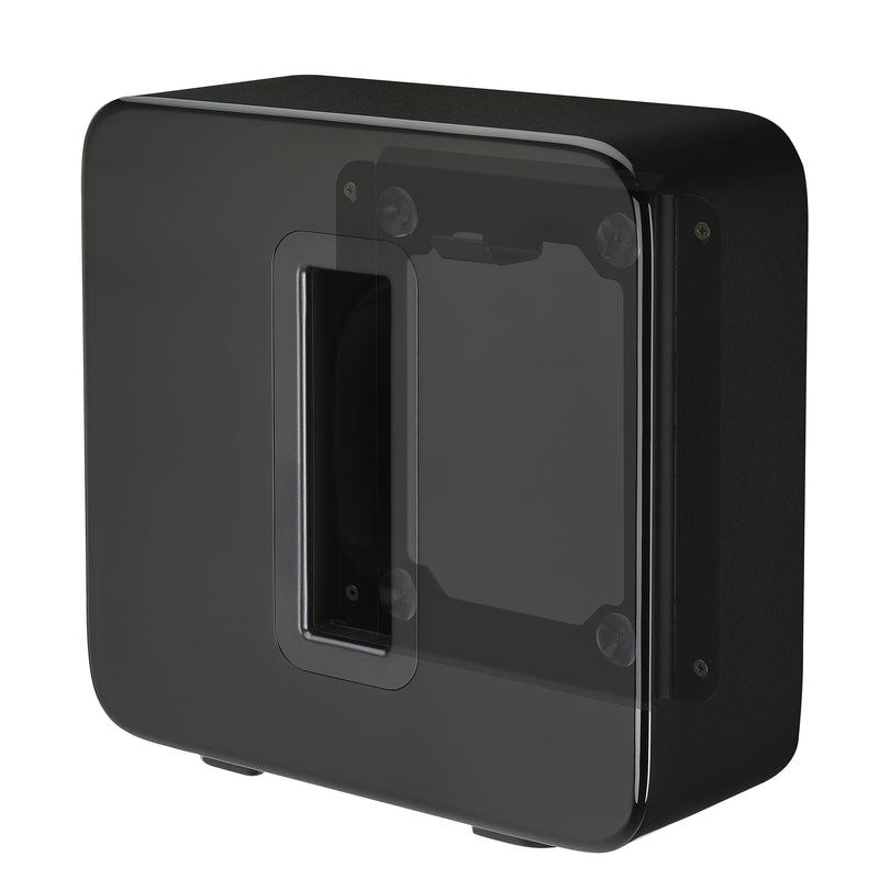 Premium, elegant, and unique Sonos Sub wall mount from Mountson Australia. Enjoy the highest quality material, fit & finish with flat-rate shipping Australia Wide. Right side view with Sonos Subwoofer. 