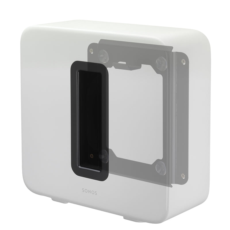 Premium, elegant, and unique Sonos Sub wall mount from Mountson Australia. Enjoy the highest quality material, fit & finish with flat-rate shipping Australia Wide. Right side view with white sonos subwoofer. 